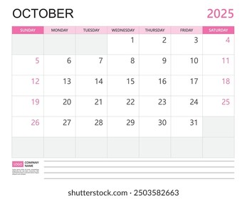 Calendar planner 2025 template- October 2025 year, week start on Sunday, Desk calendar 2025 design, simple and clean design, Wall calendar, Corporate design planner template vector