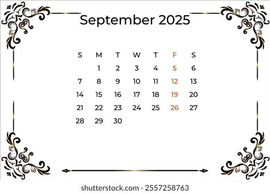 Calendar planner 2025 template- September 2025 year, week start on Sunday,