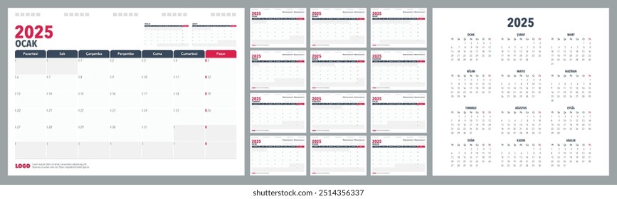 Calendar Planner 2025 em turco. Segunda-feira com início na semana, modelo do planejador de design corporativo