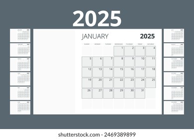 Planificador del calendario para 2025. Diseño de papelería de Vector Imprimir 2025 Plantilla con lugar para la foto, su logotipo y texto. Diseño de calendario 2025