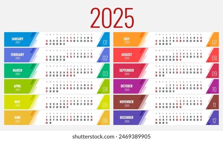 Calendar planner for 2025. Vector Stationery Design Print 2025 Template with Place for Photo, Your Logo and Text. Calendar design 2025