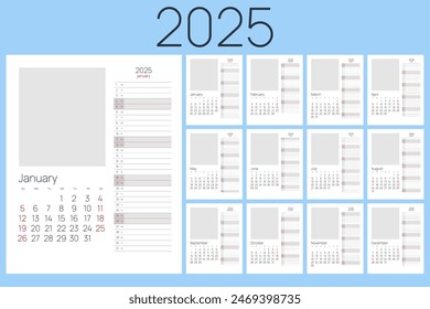 Calendar planner for 2025. Vector Stationery Design Print 2025 Template with Place for Photo, Your Logo and Text. calendar design 2025