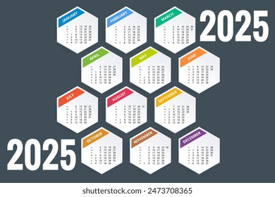 Calendar planner for 2025. Vector Stationery Design Print 2025 Template with Place for Photo, Your Logo and Text. Calendar hexagon design 2025