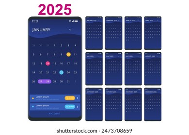 Calendar planner for 2025. Vector Stationery Design Print 2025 Template with Place for Photo, Your Logo and Text. Calendar smartphone design 2025