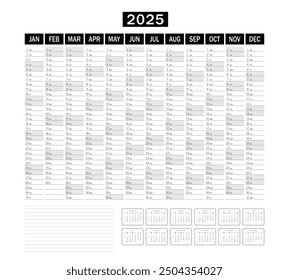 Calendar planner for 2025. Wall organizer, annual planner template. Vector illustration. Vertical months. One page. The set is for 12 months.