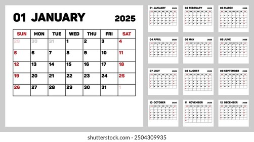 Calendar planner 2025 year, schedule month calender, organizer template. Week starts on Sunday. Corporate and business calendar 2025. Simple vector illustration
