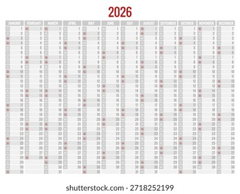 Kalender-Planer für 2026. 2026 Kalender-Design, Satz von 12 Monaten. Elegantes Jahresplanerlayout für Business, Corporate Documents, Reports und moderne Planungssysteme.