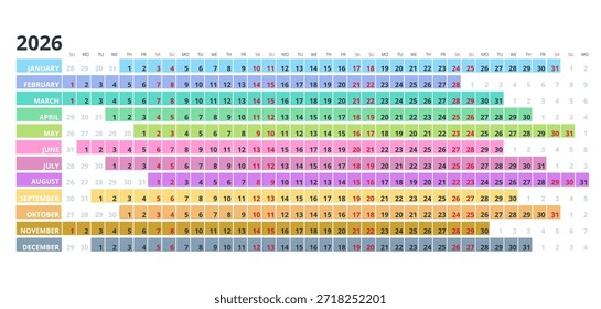 Calendario planificador para 2026. 2026 calendario diseño, conjunto de 12 meses. Elegante diseño de planificador anual para negocios, documentos corporativos, informes y modernos sistemas de programación.