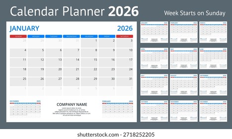 Calendar planner for 2026. 2026 calendar design, set of 12 months. Elegant yearly planner layout for business, corporate documents, reports and modern scheduling systems.