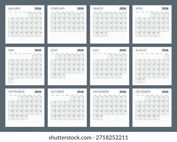 Calendar planner for 2026. 2026 calendar design, set of 12 months. Elegant yearly planner layout for business, corporate documents, reports and modern scheduling systems.