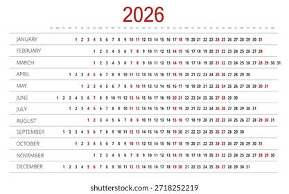 Calendar planner for 2026. 2026 calendar design, set of 12 months. Elegant yearly planner layout for business, corporate documents, reports and modern scheduling systems.