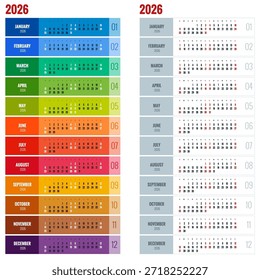 Calendar planner for 2026. 2026 calendar design, set of 12 months. Elegant yearly planner layout for business, corporate documents, reports and modern scheduling systems.