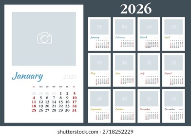 Calendar planner for 2026. 2026 calendar design, set of 12 months. Elegant yearly planner layout for business, corporate documents, reports and modern scheduling systems.