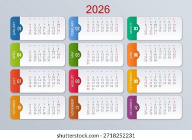 Calendar planner for 2026. 2026 calendar design, set of 12 months. Elegant yearly planner layout for business, corporate documents, reports and modern scheduling systems.