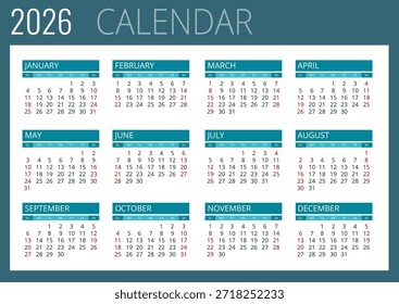 Calendario planificador para 2026. 2026 calendario diseño, conjunto de 12 meses. Elegante diseño de planificador anual para negocios, documentos corporativos, informes y modernos sistemas de programación.