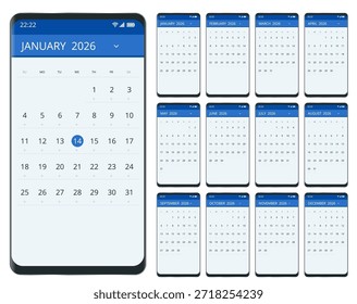 Calendario planificador para 2026. 2026 calendario diseño, conjunto de 12 meses. Elegante diseño de planificador anual para negocios, documentos corporativos, informes y modernos sistemas de programación.