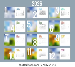 Calendario planificador para 2026. 2026 calendario diseño, conjunto de 12 meses. Elegante diseño de planificador anual para negocios, documentos corporativos, informes y modernos sistemas de programación.