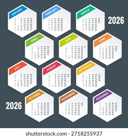 Calendar planner for 2026. 2026 calendar design, set of 12 months. Elegant yearly planner layout for business, corporate documents, reports and modern scheduling systems.