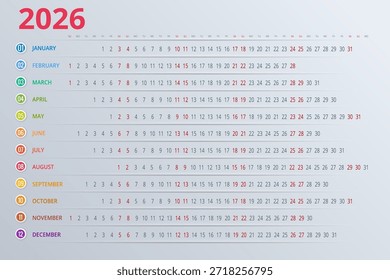 Calendar planner for 2026. 2026 calendar design, set of 12 months. Elegant yearly planner layout for business, corporate documents, reports and modern scheduling systems.