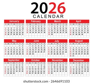 Planejador de calendário para 2026. Calendário definido para o ano de 2026. Calendário corporativo e empresarial de 2026. Começa fraco no domingo. Ilustração vetorial do modelo de calendário. 