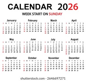 Planejador de calendário para 2026. Calendário definido para o ano de 2026. Calendário corporativo e empresarial de 2026. A semana começa no domingo. Ilustração vetorial do modelo de calendário.