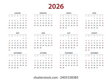 Calendar Planner for 2026. Calendar template for 2026. Corporate and business calendar 26. Week Starts on Sunday