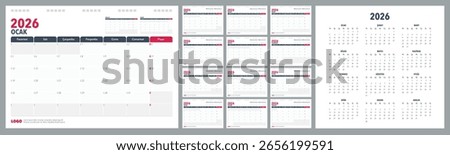 Calendar Planner 2026 in Turkish language. Week start Monday, corporate design planner template