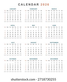 Planejador do calendário 2026 ano, calendário do mês do calendário, modelo organizador americano. A semana começa no domingo. Página pessoal comercial. Moderno simples laticínios para os EUA. Ilustração vetorial