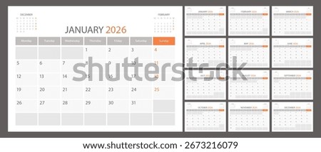 Calendar planner 2026 year, schedule month calender, European organizer template. Week starts on Monday. Business personal page. Modern simple dairy. Vector illustration