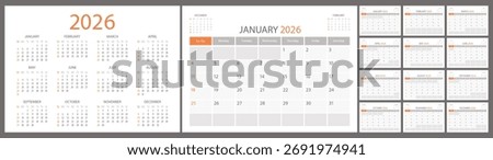 Calendar and planner 2026 year, schedule month calender, American organizer template. Week starts on Sunday. Business personal page. Modern simple dairy for USA. Vector illustration