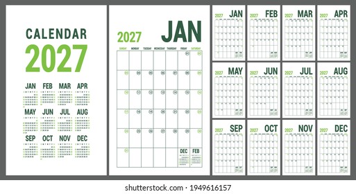 Calendar planner 2027. English calender green template. Vector grid. Office business planning. Creative trendy design