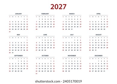 Calendar Planner for 2027. Calendar template for 2027. Corporate and business calendar 27. Week start Sunday corporate design planner template. svg