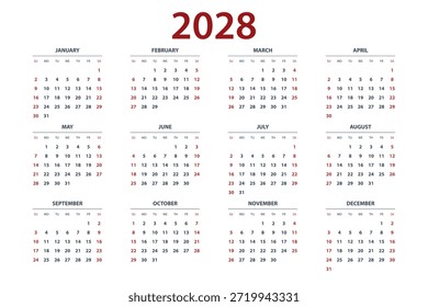 Calendario para 2028. Diseño de calendario anual con 12 meses para cada año. Plantilla de planificador de Profesionales para negocios, oficinas, uso corporativo, planificación de proyectos, programación y gestión de tiempo.