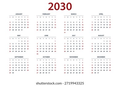 Kalender-Planer für 2030. Jahreskalender mit 12 Monaten pro Jahr. Professionelle Planervorlage für Business, Office, Corporate Use, Projektplanung, Terminplanung und Zeitmanagement.