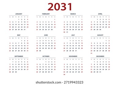 Calendar planner for 2031. Yearly calendar layout with 12 months for each year. Professional planner template for business, office, corporate use, project planning, scheduling, and time management.
