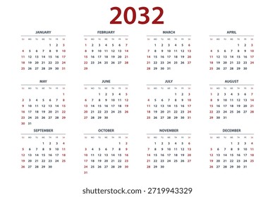Kalenderplaner für 2032. Jahreskalender mit 12 Monaten pro Jahr. Professionelle Planervorlage für Business, Office, Corporate Use, Projektplanung, Terminplanung und Zeitmanagement.