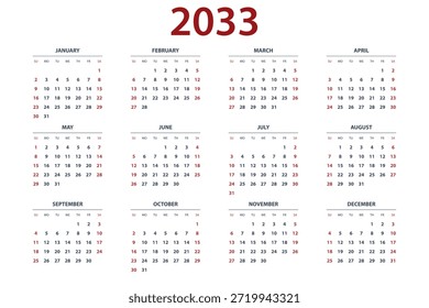 Calendar planner for 2033. Yearly calendar layout with 12 months for each year. Professional planner template for business, office, corporate use, project planning, scheduling, and time management.