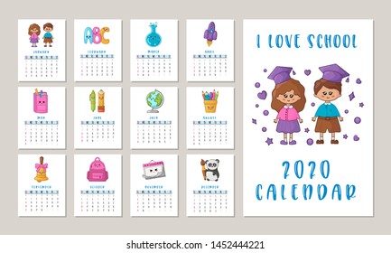 Calendar or planner A4 format for 2020 with kawaii school supplies, stationery, characters - students, cute children or kids. Cover and monthly pages. Vector template