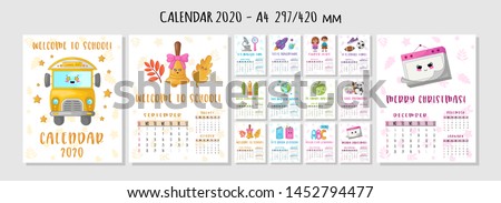 Calendar or planner A4 format for 2020 with kawaii school supplies, stationery, characters - students, children or kids, motivating phrases Cover and monthly pages. Vector template
