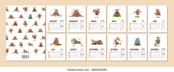 Calendar or planner A4 format for 2021 with a cute kawaii bull isolated on white. Symbol of New Year. Cover and 12 monthly pages with illustrations of happy smiling ox, cow. Week starts on Sunday