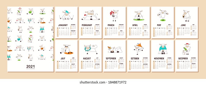 Calendar or planner A4 format for 2021 with kawaii white ox, bull, cow. Symbol of New Year. Cover and 12 monthly pages with cute vector illustrations. Week starts on Sunday