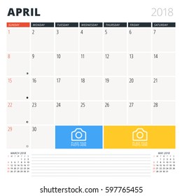 Calendar Planner for April 2018. Design Template. Week Starts on Sunday. 3 Months on the Page. Phases of the Moon.