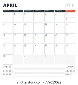 Calendar Planner for April 2018. Design Template. Week Starts on Monday. 3 Months on the Page