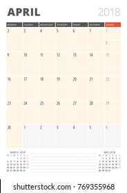 Calendar Planner for April 2018. Print Design Template. Week Starts on Monday. Vector Illustration. Stationery Design