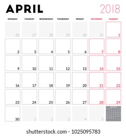 Calendar planner for April 2018. Week starts on Monday. Printable vector design template. Stationery design