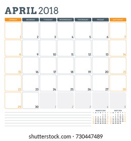 Calendar planner for April 2018. Week starts on Sunday. Printable vector design template. Stationery design