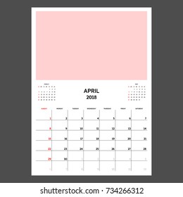 Calendar Planner for April 2018. Week starts on Sunday. Template with place for photo.