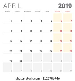 Calendar planner for April 2019. Week starts on Monday. Printable vector stationery design template