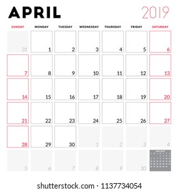 Calendar planner for April 2019. Week starts on Sunday. Printable vector stationery design template