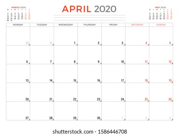 Calendar planner for April 2020. Week starts on Monday. Printable vector stationery design template